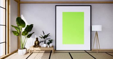 Muji tarzı, boş ahşap oda, Japon odasının içini temizleme, 3 boyutlu tasarım.