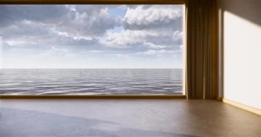 Muji tarzı, boş ahşap oda, Japon odasının içini temizleme, 3 boyutlu tasarım.