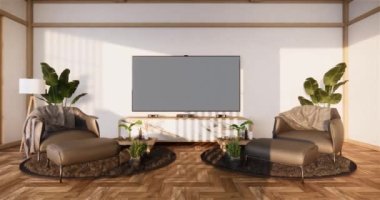 Muji tarzı, boş ahşap oda, Japon odasının içini temizleme, 3 boyutlu tasarım.