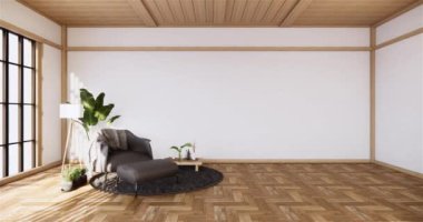 Muji tarzı, boş ahşap oda, Japon odasının içini temizleme, 3 boyutlu tasarım.