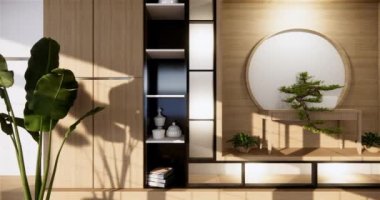 Muji tarzı, boş ahşap oda, Japon odasının içini temizleme, 3 boyutlu tasarım.