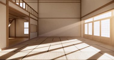 Muji tarzı, boş ahşap oda, Japon odasının içini temizleme, 3 boyutlu tasarım.