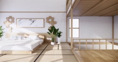 Muji tarzı, boş ahşap oda, Japon odasının içini temizleme, 3 boyutlu tasarım.
