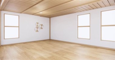 Muji tarzı, boş ahşap oda, Japon odasının içini temizleme, 3 boyutlu tasarım.