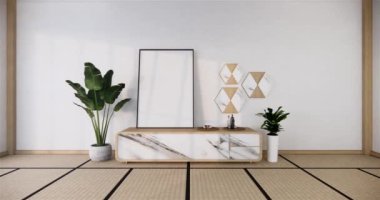 Muji tarzı, boş ahşap oda, Japon odasının içini temizleme, 3 boyutlu tasarım.