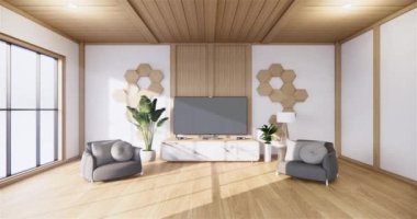 Muji tarzı, boş ahşap oda, Japon odasının içini temizleme, 3 boyutlu tasarım.