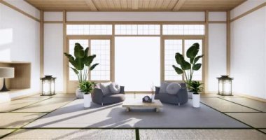 Muji tarzı, boş ahşap oda, Japon odasının içini temizleme, 3 boyutlu tasarım.