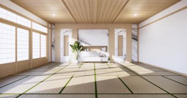 Muji tarzı, boş ahşap oda, Japon odasının içini temizleme, 3 boyutlu tasarım.