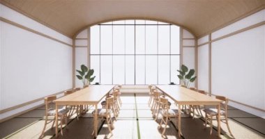 Muji tarzı, boş ahşap oda, Japon odasının içini temizleme, 3 boyutlu tasarım.
