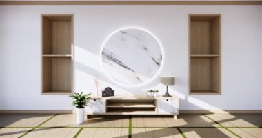 Muji tarzı, boş ahşap oda, Japon odasının içini temizleme, 3 boyutlu tasarım.