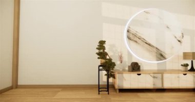Muji tarzı, boş ahşap oda, Japon odasının içini temizleme, 3 boyutlu tasarım.