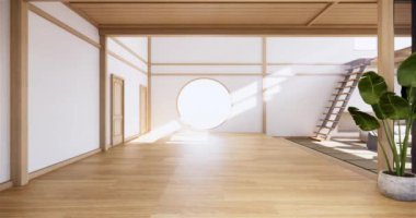 Muji tarzı, boş ahşap oda, Japon odasının içini temizleme, 3 boyutlu tasarım.