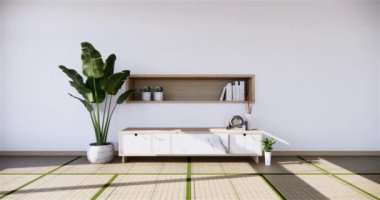 Muji tarzı, boş ahşap oda, Japon odasının içini temizleme, 3 boyutlu tasarım.