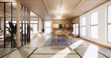 Muji tarzı, boş ahşap oda, Japon odasının içini temizleme, 3 boyutlu tasarım.
