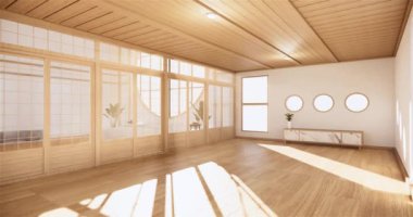 Muji tarzı, boş ahşap oda, Japon odasının içini temizleme, 3 boyutlu tasarım.