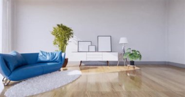 Muji tarzı, boş ahşap oda, Japon odasının içini temizleme, 3 boyutlu tasarım.