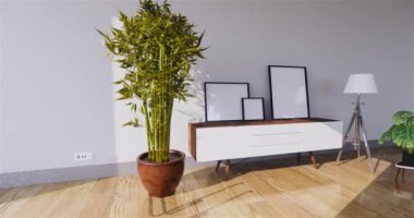 Muji tarzı, boş ahşap oda, Japon odasının içini temizleme, 3 boyutlu tasarım.