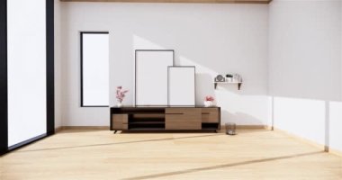 Muji tarzı, boş ahşap oda, Japon odasının içini temizleme, 3 boyutlu tasarım.