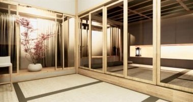 Muji tarzı, boş ahşap oda, Japon odasının içini temizleme, 3 boyutlu tasarım.