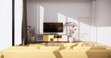 Muji tarzı, boş ahşap oda, Japon odasının içini temizleme, 3 boyutlu tasarım.