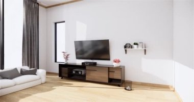 Muji tarzı, boş ahşap oda, Japon odasının içini temizleme, 3 boyutlu tasarım.