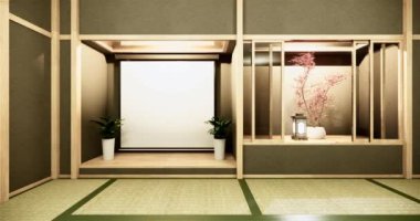 Muji tarzı, boş ahşap oda, Japon odasının içini temizleme, 3 boyutlu tasarım.