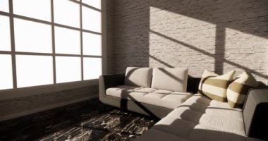 Lüks oda veya otel Japon tarzı dekorasyon Japonya tarzı Büyük yaşam alanı.3d render