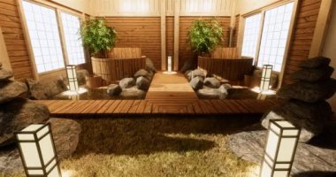 Lüks oda veya otel Japon tarzı dekorasyon Japonya tarzı Büyük yaşam alanı.3d render