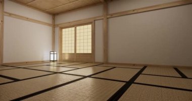 Lüks oda veya otel Japon tarzı dekorasyon Japonya tarzı Büyük yaşam alanı.3d render