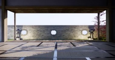 Lüks oda veya otel Japon tarzı dekorasyon Japonya tarzı Büyük yaşam alanı.3d render