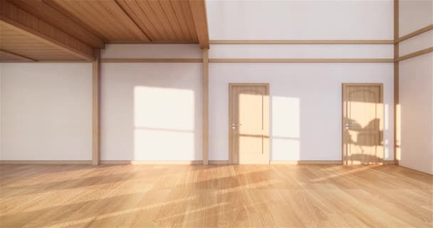 Estilo Muji Sala Madeira Vazia Limpeza Japandi Quarto Interior Renderização — Vídeo de Stock