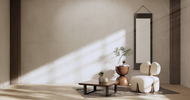 Armchair sofa and decoration japanese on Modern room interior wabisabi style.3D rendering