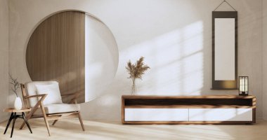 Cabinet room wooden interior wabisabi and armchair sofa and decoration japanese style.3D rendering