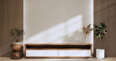 Cabinet room wooden interior wabisabi and armchair sofa and decoration japanese style.3D rendering