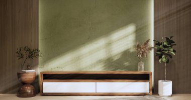 Cabinet on green room wooden interior wabisabi and armchair sofa and decoration japanese style.3D rendering