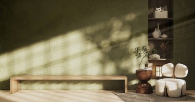 Cabinet on green room wooden interior wabisabi and armchair sofa and decoration japanese style.3D rendering