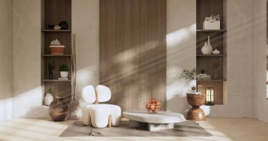 Armchair sofa and decoration japanese on Modern room interior wabisabi style.3D rendering