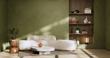 Green Modern room interior wabisabi style and sofa and decoration japanese.3D rendering