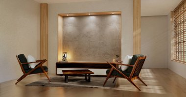 sofa and decoration japanese on Modern room interior wabisabi style.3D rendering