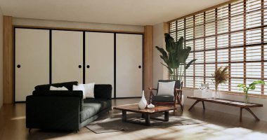 sofa and decoration japanese on Modern room interior wabisabi style.3D rendering