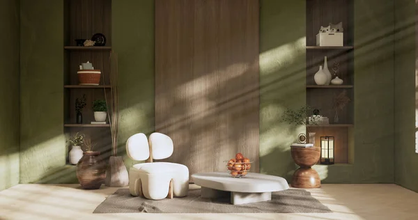 Green Modern Room Interior Wabisabi Style Sofa Decoration Japanese Rendering — Stock Fotó