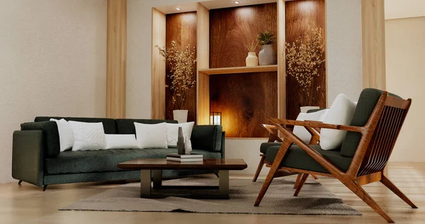 Sofa Decoration Japanese Modern Room Interior Wabisabi Style Rendering — стоковое фото