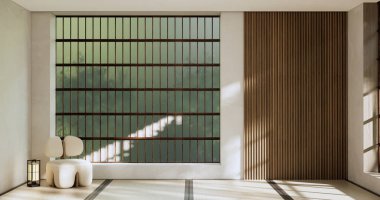 Mimari ve iç mekan kavramı. Boş oda ve ahşap paneller. Arka plan 3 boyutlu resimleme.