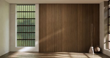 Mimari ve iç mekan kavramı. Boş oda ve ahşap paneller. Arka plan 3 boyutlu resimleme.