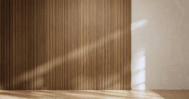 Mimari ve iç mekan kavramı. Boş oda ve ahşap paneller. Arka plan 3 boyutlu resimleme.