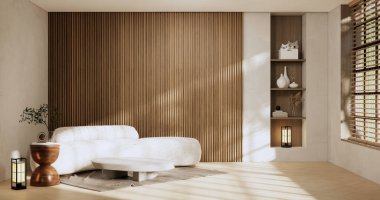 sofa and decoration japanese on Modern room interior wabisabi style.3D rendering