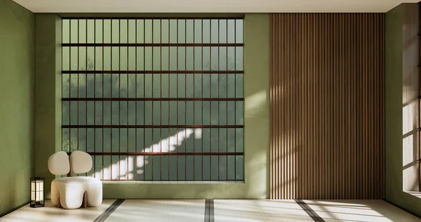 Wabisabi风格的生活内部概念绿色日本房间 3D渲染 — 图库照片