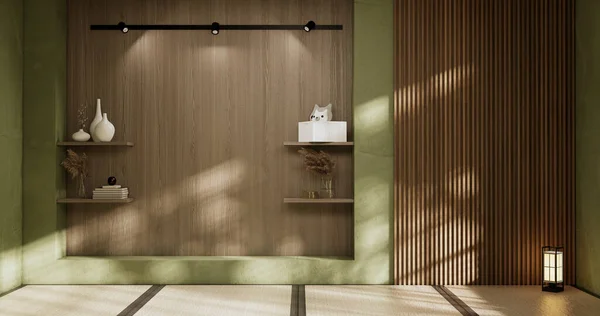 Wabisabi Estilo Vida Interior Concepto Verde Japonés Room Representación —  Fotos de Stock