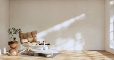 Boş oda wabi sabi stili koltuk. 3B illüstrasyon oluşturma