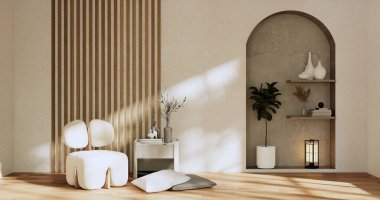 Boş oda wabi sabi stili koltuk. 3B illüstrasyon oluşturma
